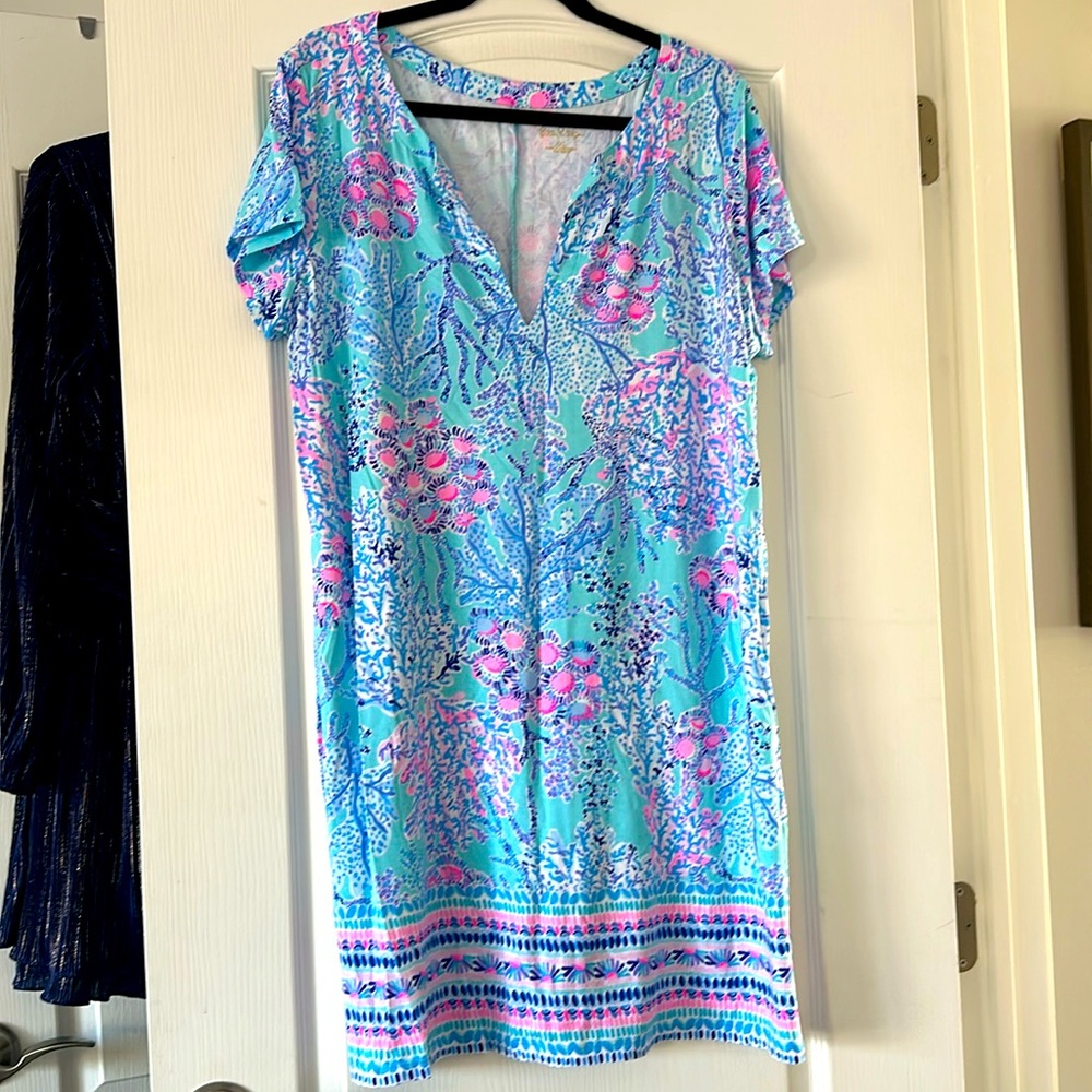 Lilly Pulitzer UPF 50+ sophiletta dress in blue Ibiza now you sea me engineered